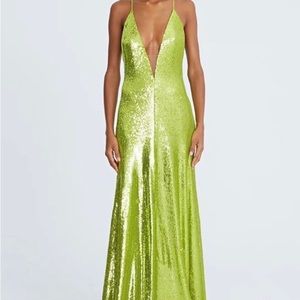 Halston Kiara Sequin Plunge V-Neck Sleeveless Neon Green Formal Gown Size 2 NWT